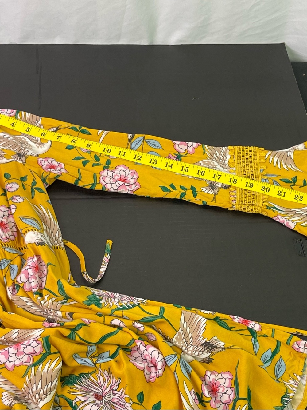 Xhilaration Yellow Boho Mini Dress with Pink Flowers & Cranes Size Small - Picture 15 of 15